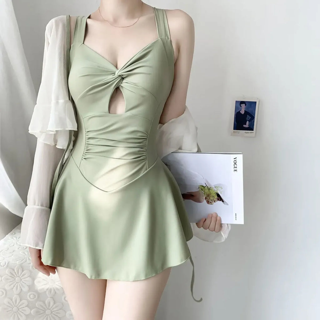 Pleated Cutout Swimsuit Dress – Korean Sexy Summer 2025 Swimwear