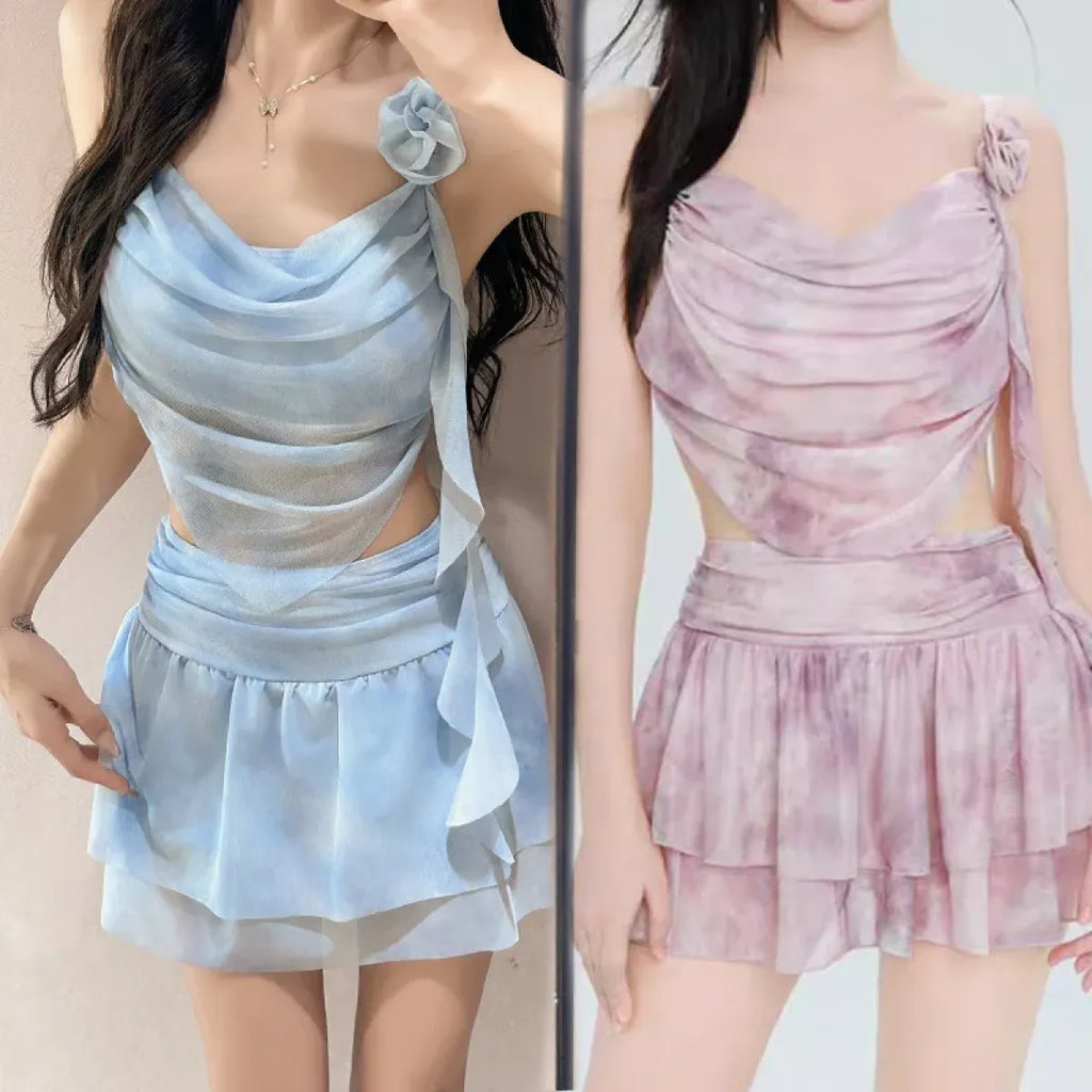 Tie-Dye Kawaii Bikini Set – 3D Flower Mini Skirt Swimsuit
