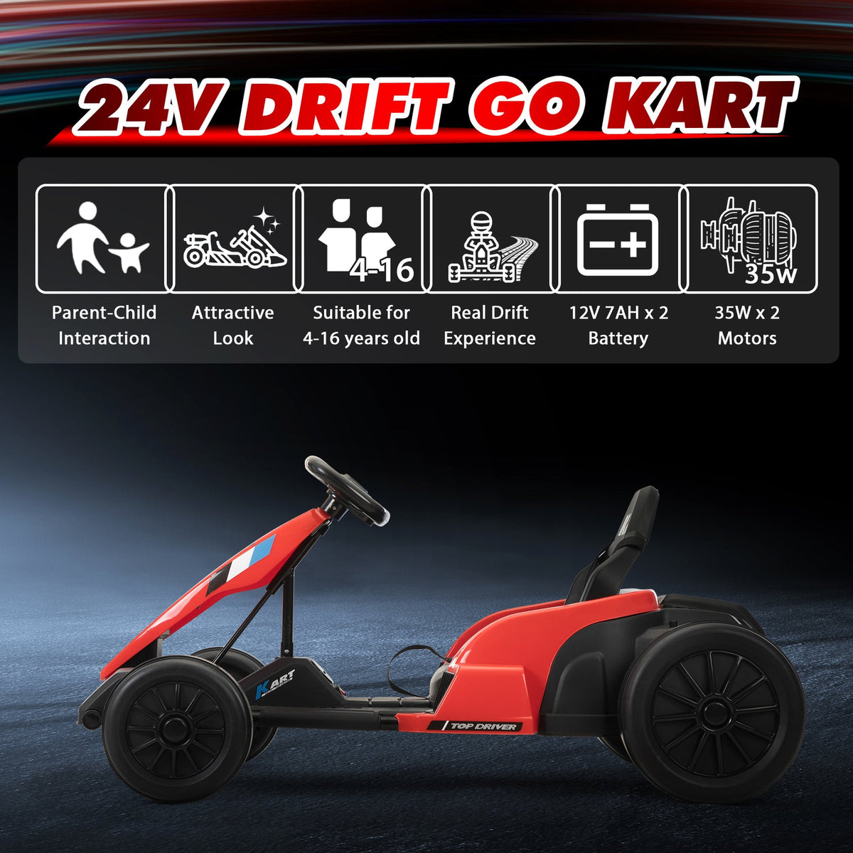 24V Kids Electric Drifting Go-Kart with Dual 85W Motors, 8mph Max Speed, and Built-in Music