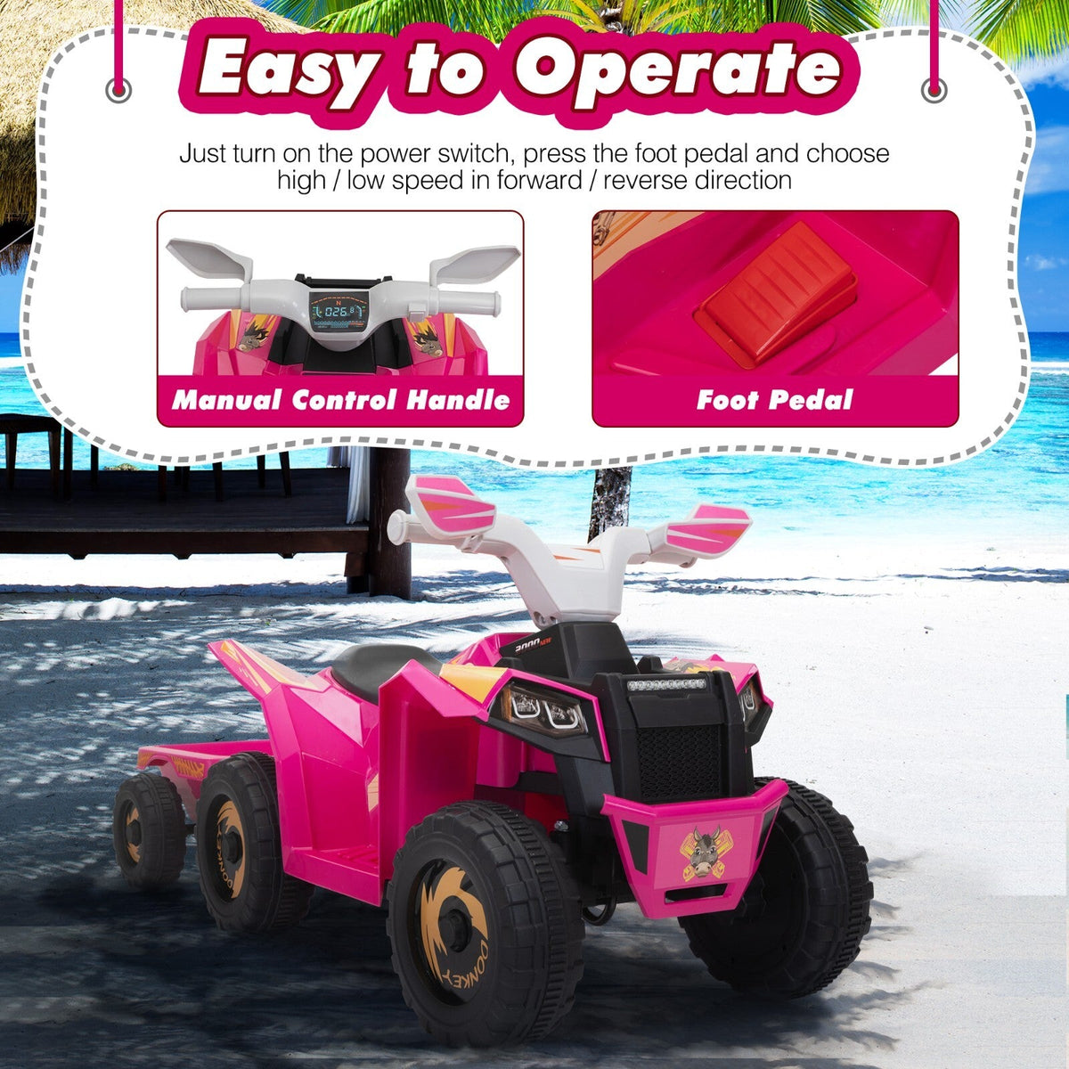 6V Kids Electric Ride-On ATV Tractor with 4 Wheels, Trailer, and Music