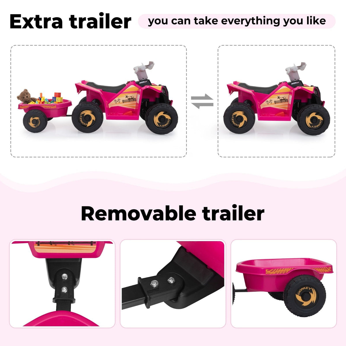 6V Kids Electric Ride-On ATV Tractor with 4 Wheels, Trailer, and Music