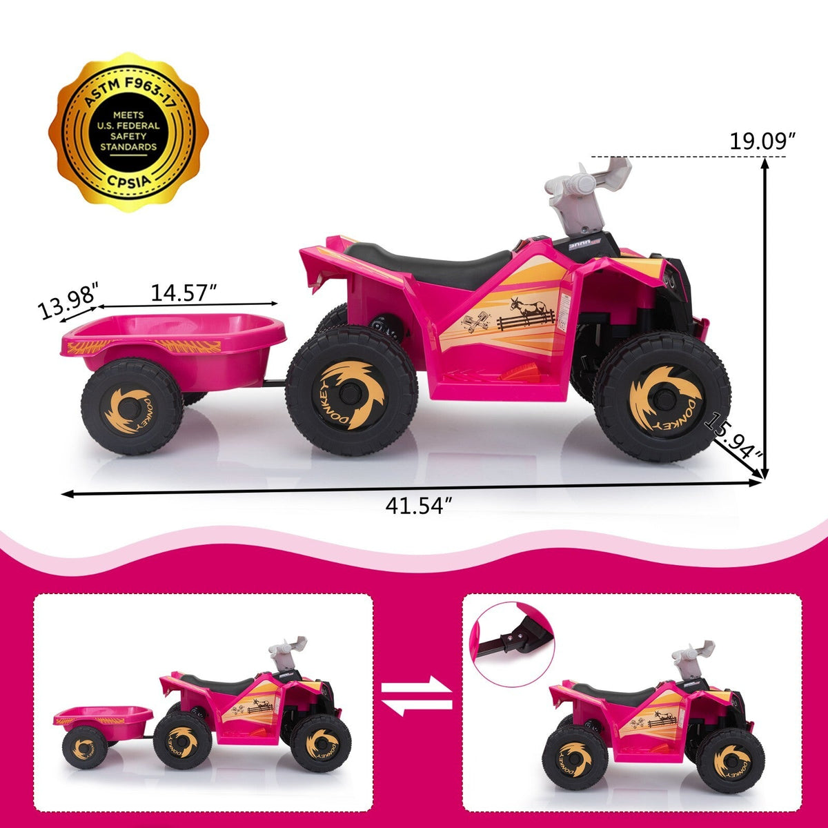 6V Electric Ride-On Quad Bike with Trailer for Toddlers Ages 3-6