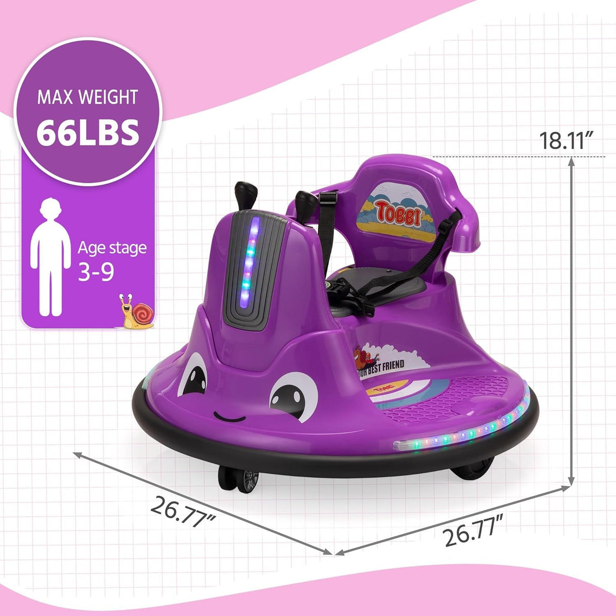 12V Purple Snail Bumper Ride-On Car with Remote Control and DIY Stickers