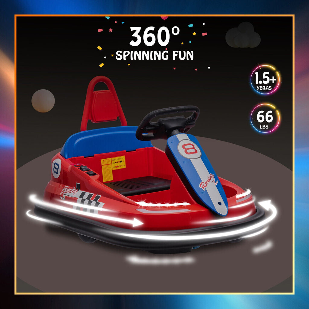 Toddler and Kids Ride-On Bumper Car with 360° Spin, 2 Speeds, Safety Belts, and Lights