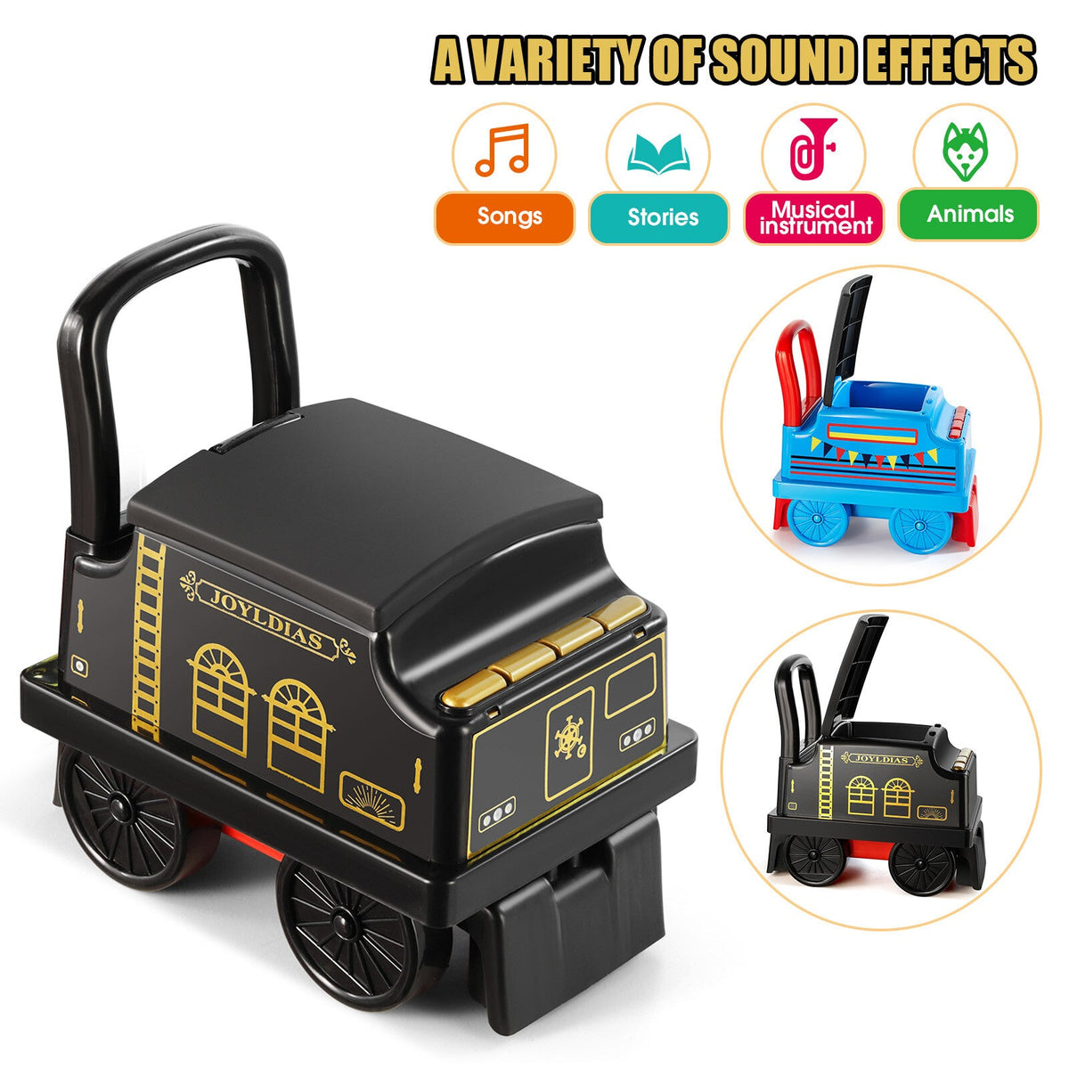 Ride-On Train Carriage with Songs, Stories, Storage, and Handle - Black/Blue