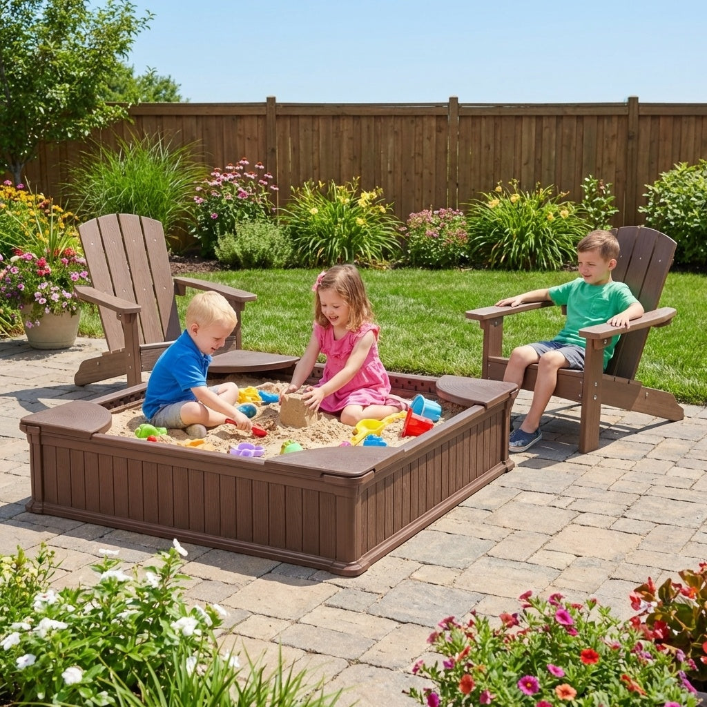 Kids Sandbox with Cover and Seats with 2 Kids Adirondack Chairs