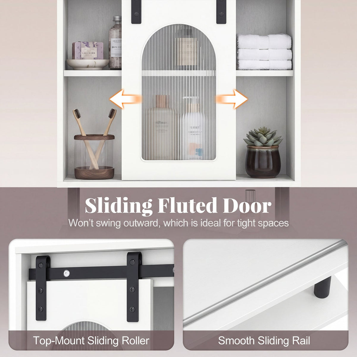 Bathroom Wall Cabinet with Sliding Barn Door and Metal Hanging Bar with 3 Hooks