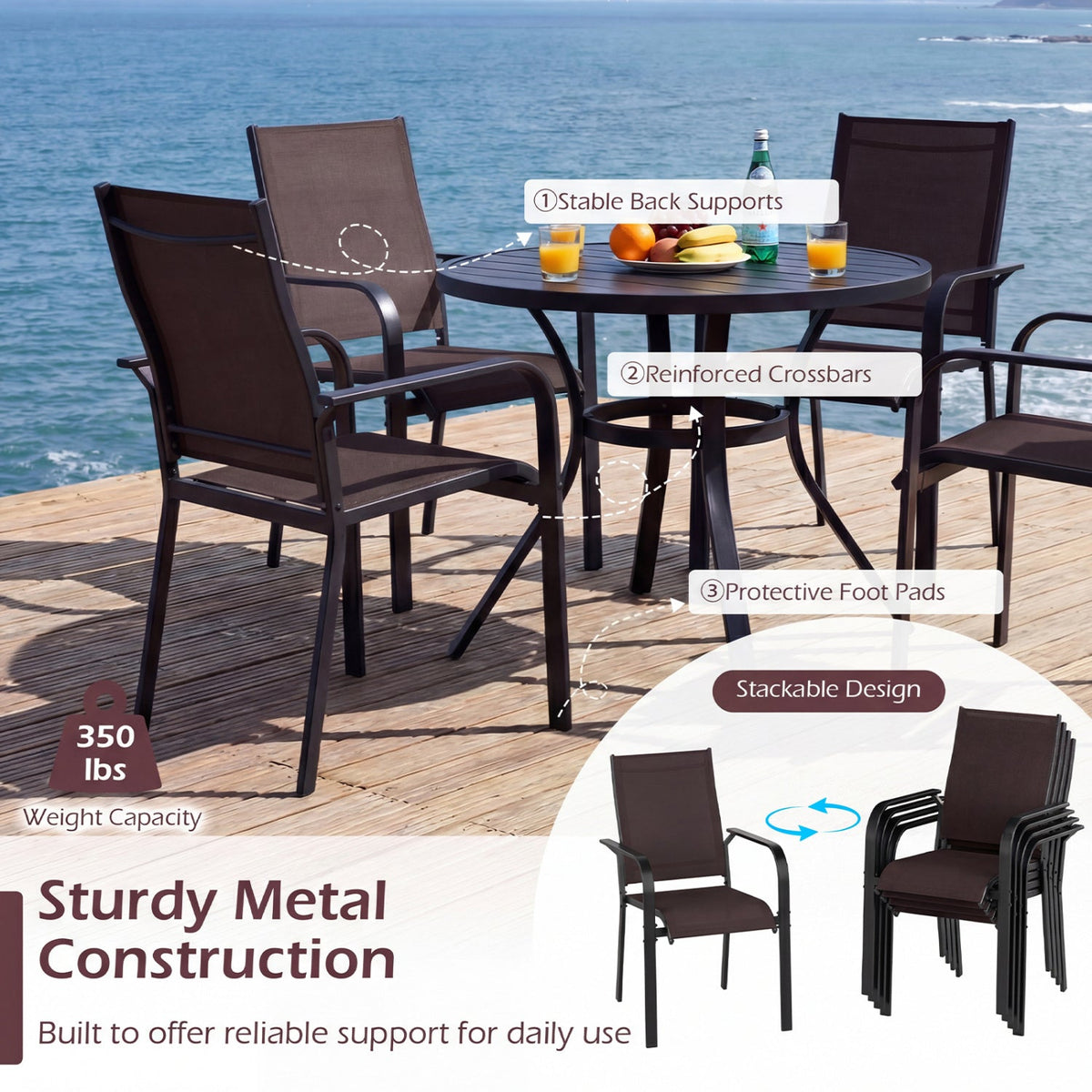 7-Piece Patio Dining Set for 6 with Rectangle Metal Table and Stackable Breathable Mesh Armchairs