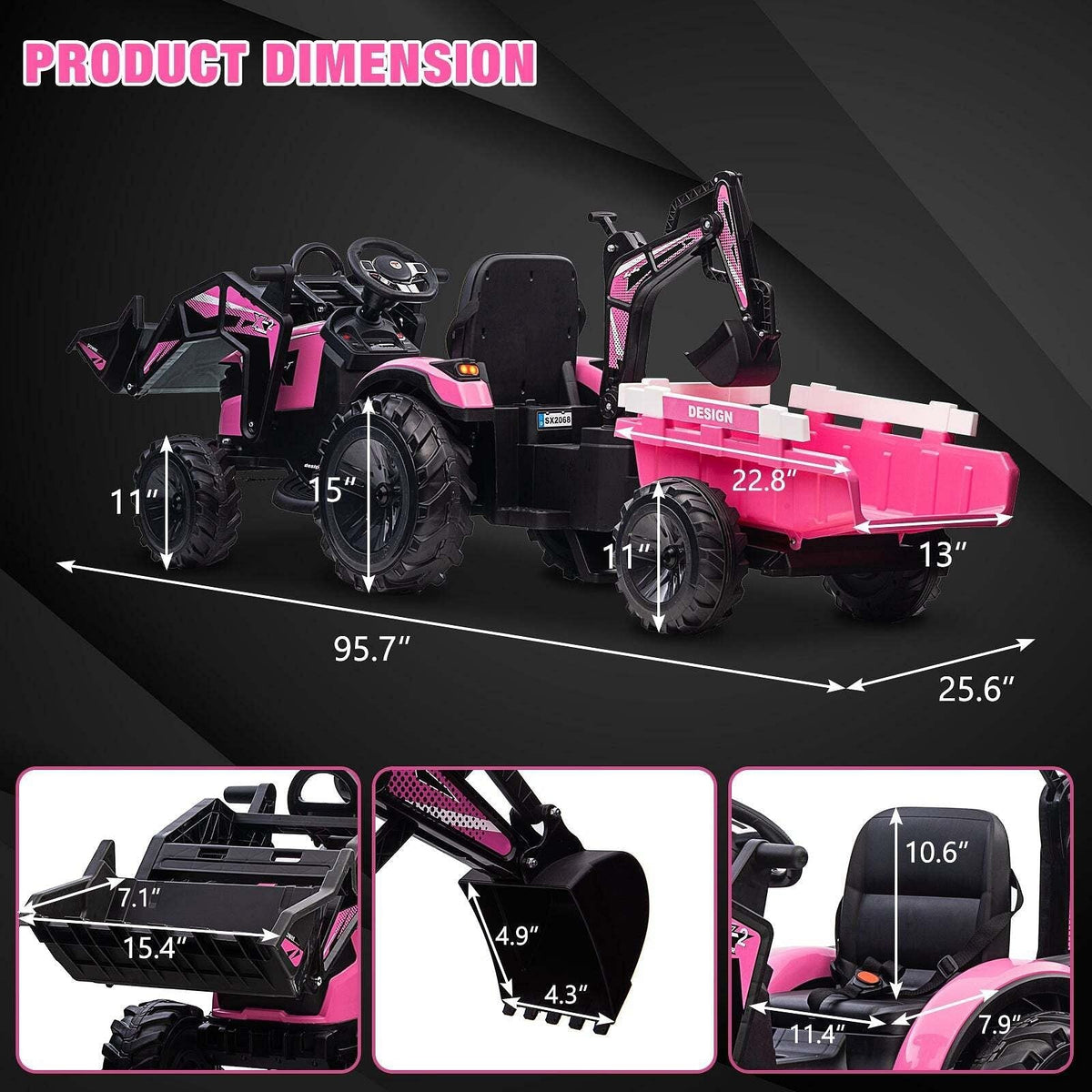 24V 3-in-1 Battery-Powered Electric Kids Ride-On Tractor with Trailer