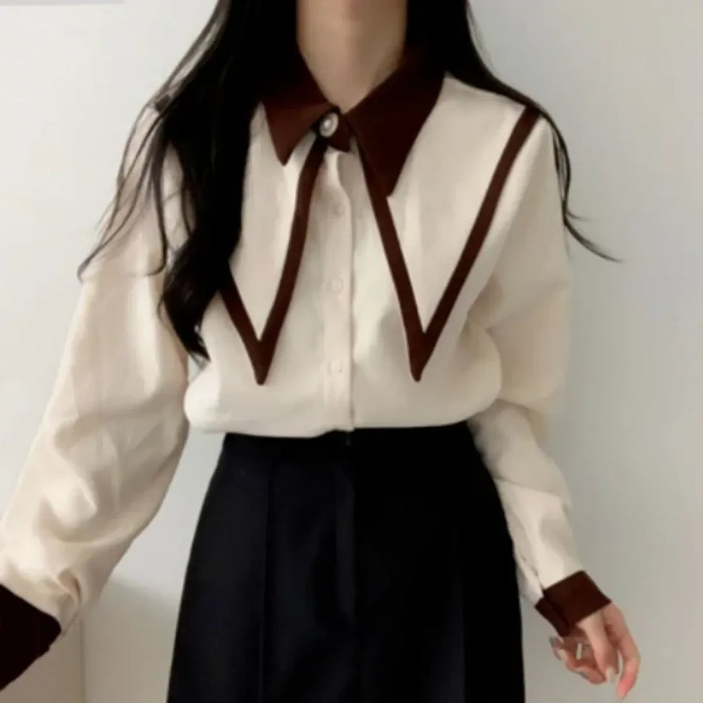Vintage Peaked Collar Blouse – Elegant Puff Sleeve Button-Up Shirt