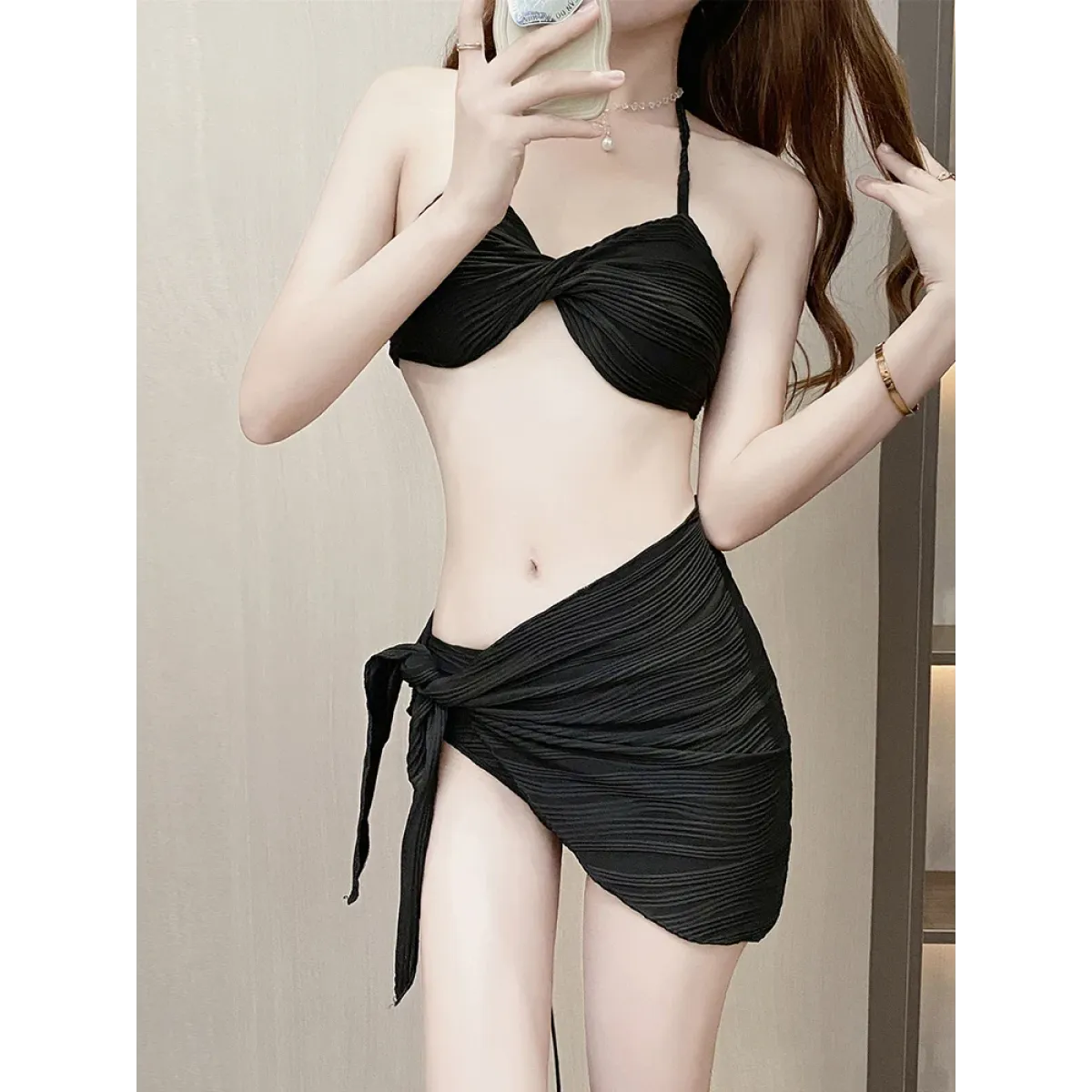 Pleated Bikini Set – Halter Top with Wrap Skirt Cover-Up