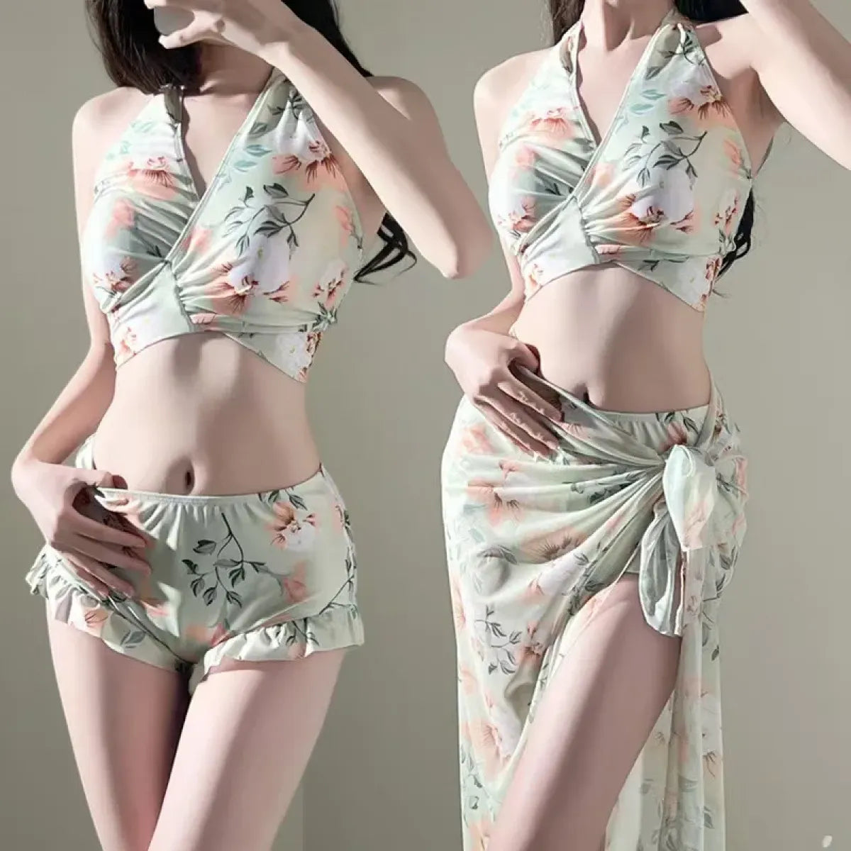Floral Halter Bikini Set – Ruffled Mesh Wrap Skirt Swimwear
