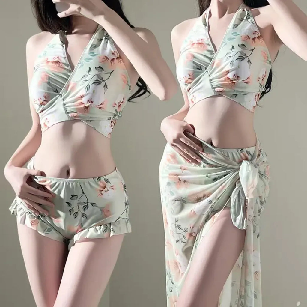 Floral Halter Bikini Set – Ruffled Mesh Wrap Skirt Swimwear