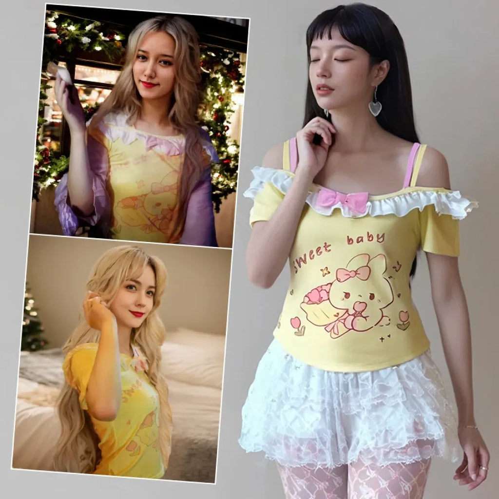 Kawaii Off-Shoulder Top – Ruffle Trim & Bunny Print