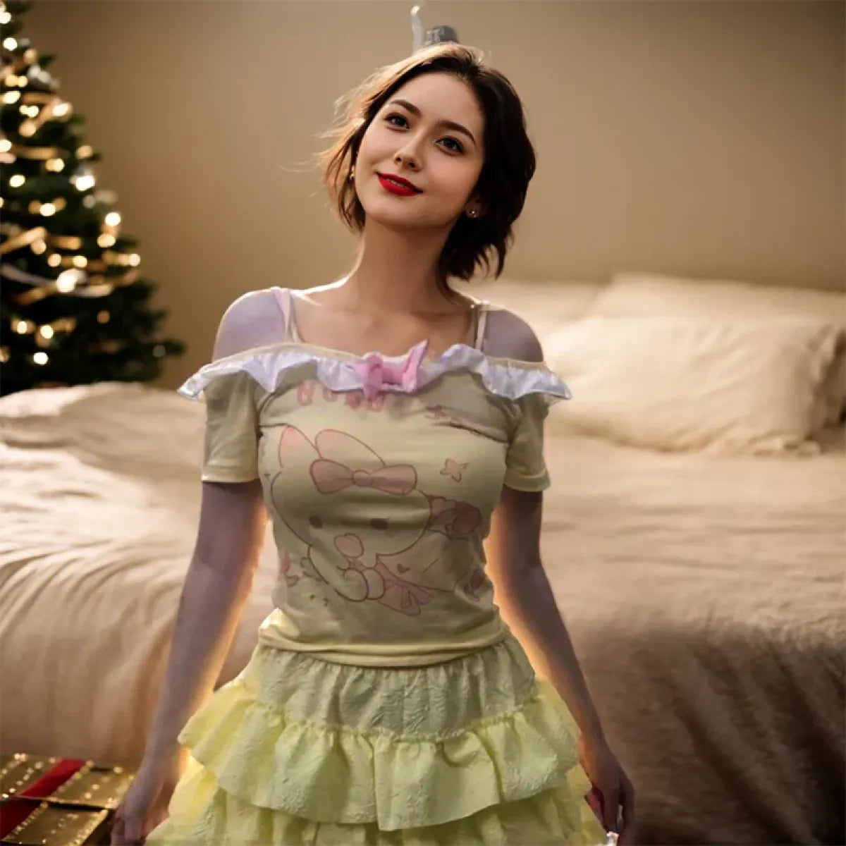 Kawaii Off-Shoulder Top – Ruffle Trim & Bunny Print
