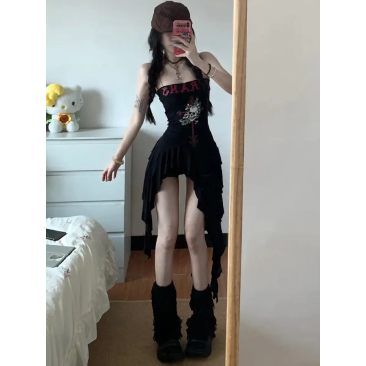 Strapless Irregular Hem Dress – Y2K Gothic Harajuku Punk Style