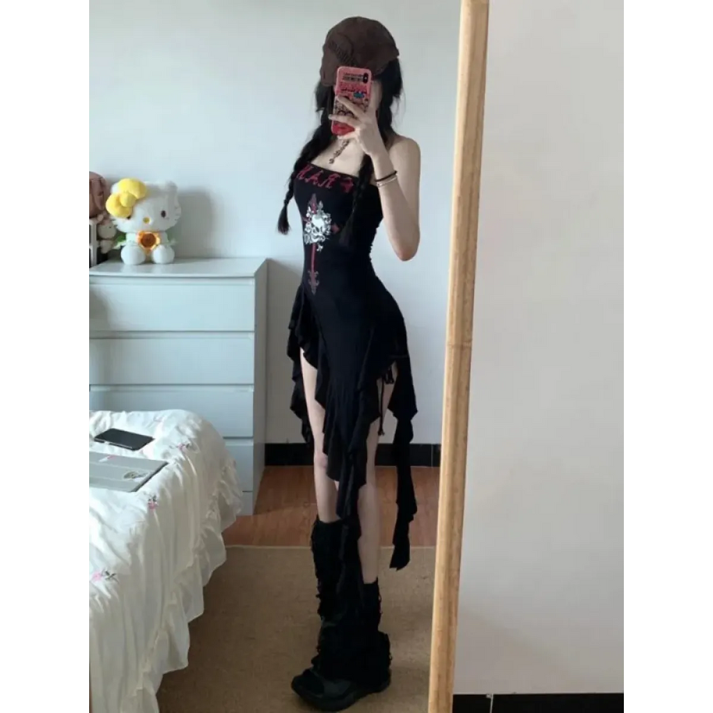 Strapless Irregular Hem Dress – Y2K Gothic Harajuku Punk Style