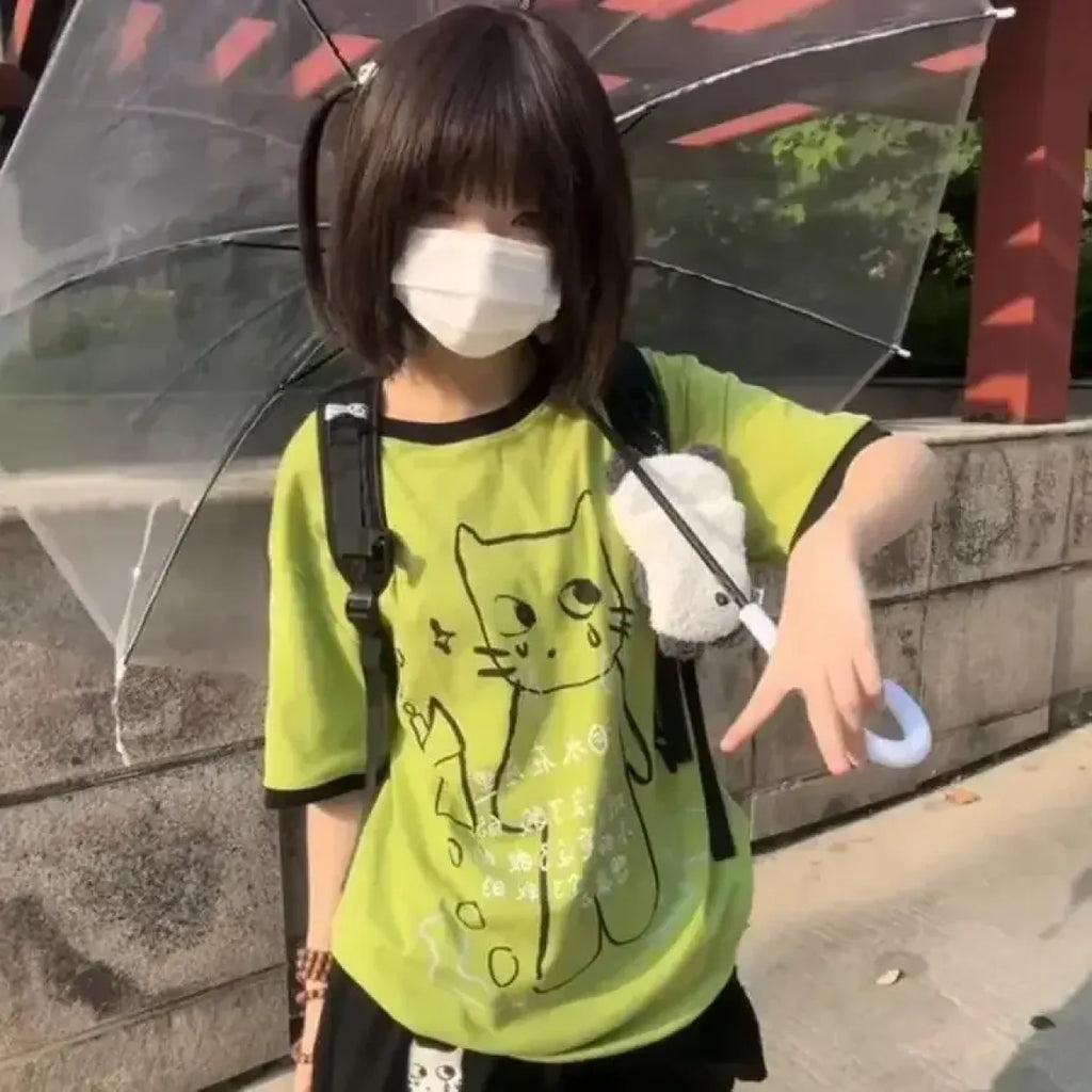Loose Fit Cartoon Cat Tee – Y2K Harajuku Kawaii Summer T-Shirt