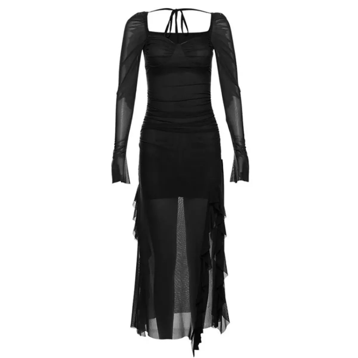 Sheer Mesh Ruffle Dress – Y2K Slim Fit High Slit Aesthetic