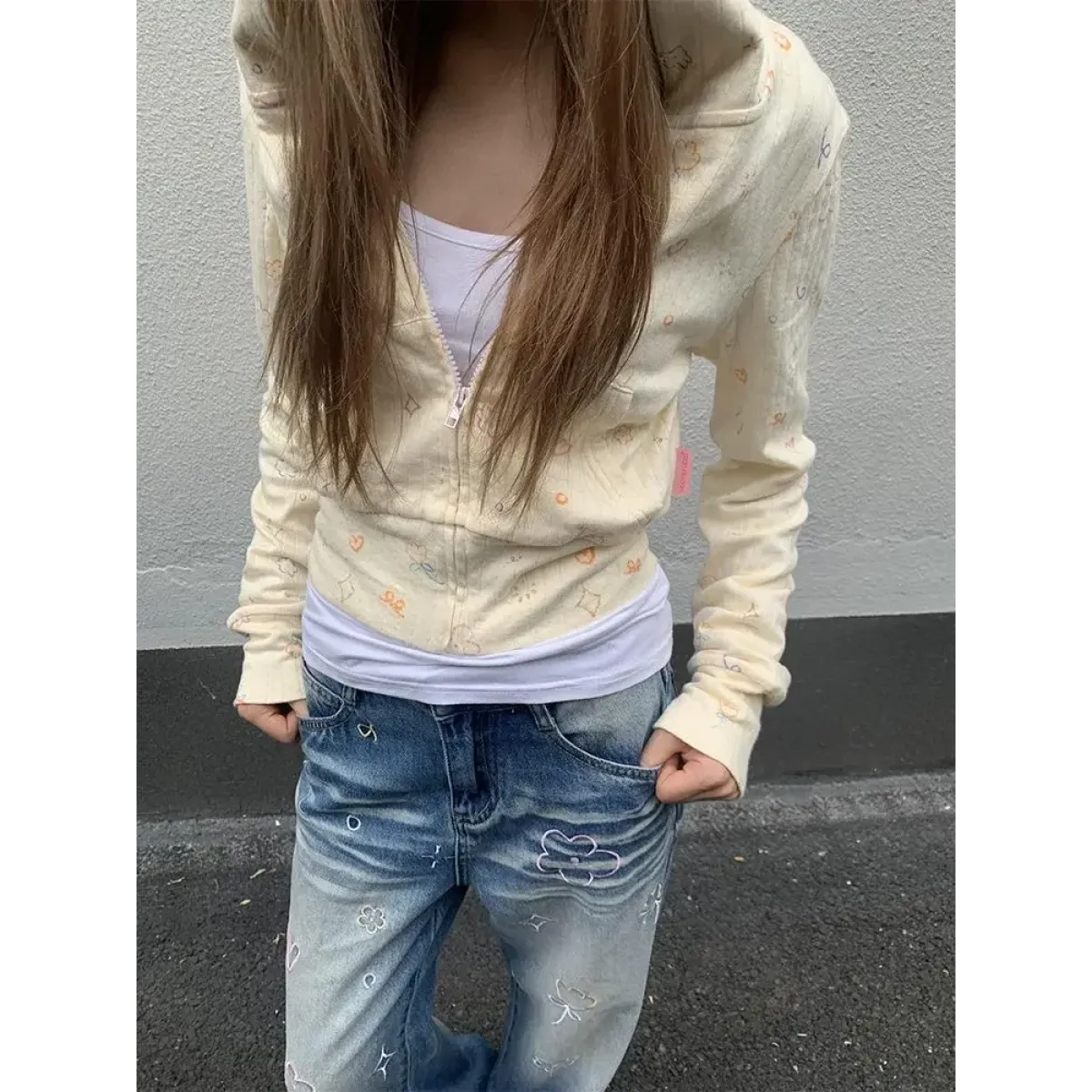 Sweet Floral Y2K Grunge Hoodie – Slim Fit Zipper Cardigan Jacket